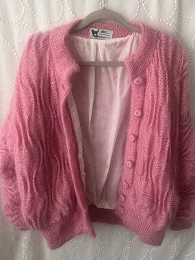 Vintage Woof Design Newfoundland Pink Mohair Wool Textured Cardigan size M